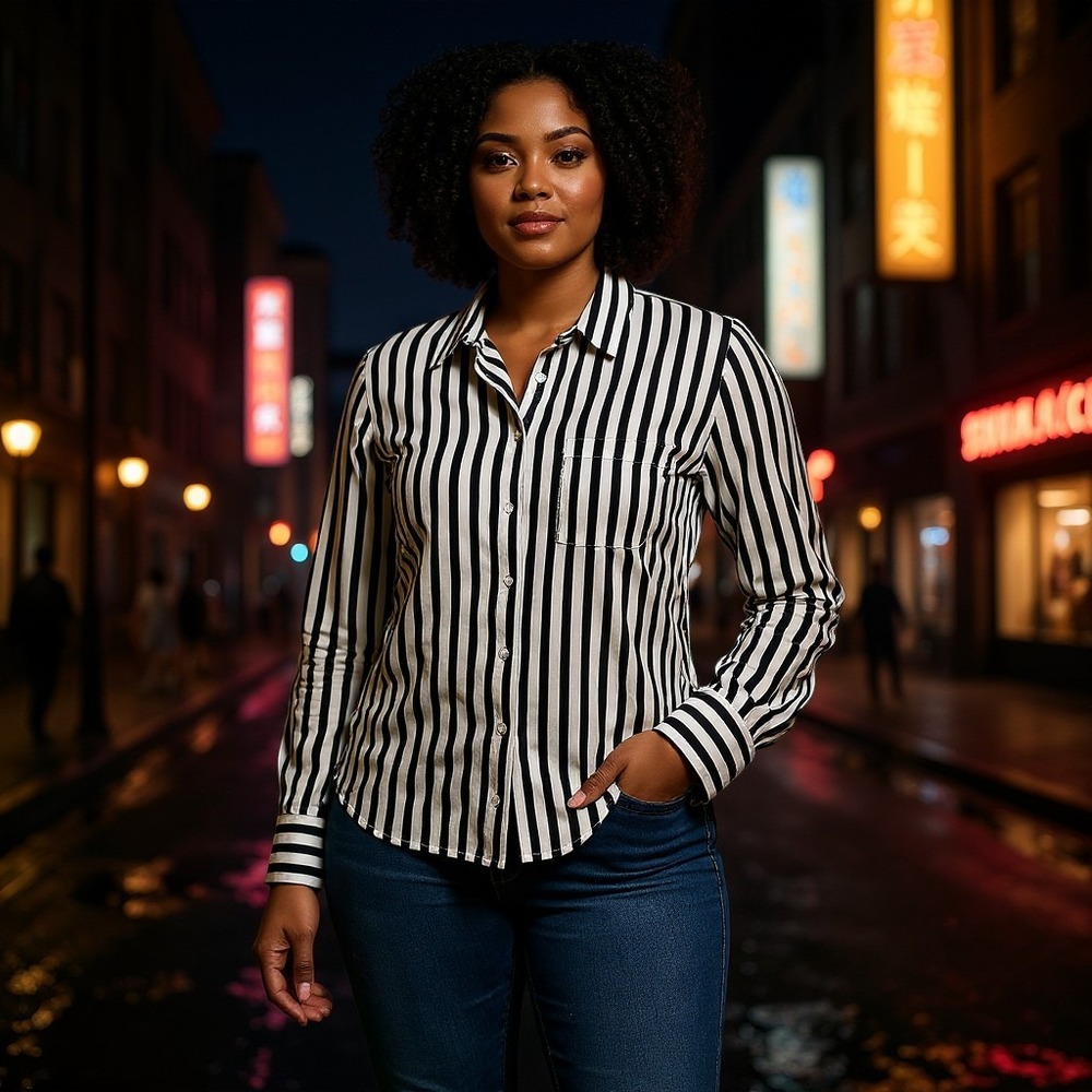 Lane Bryant Satin Shirt Womens 22/24‎ Black White Striped No-Peek Boyfriend Top